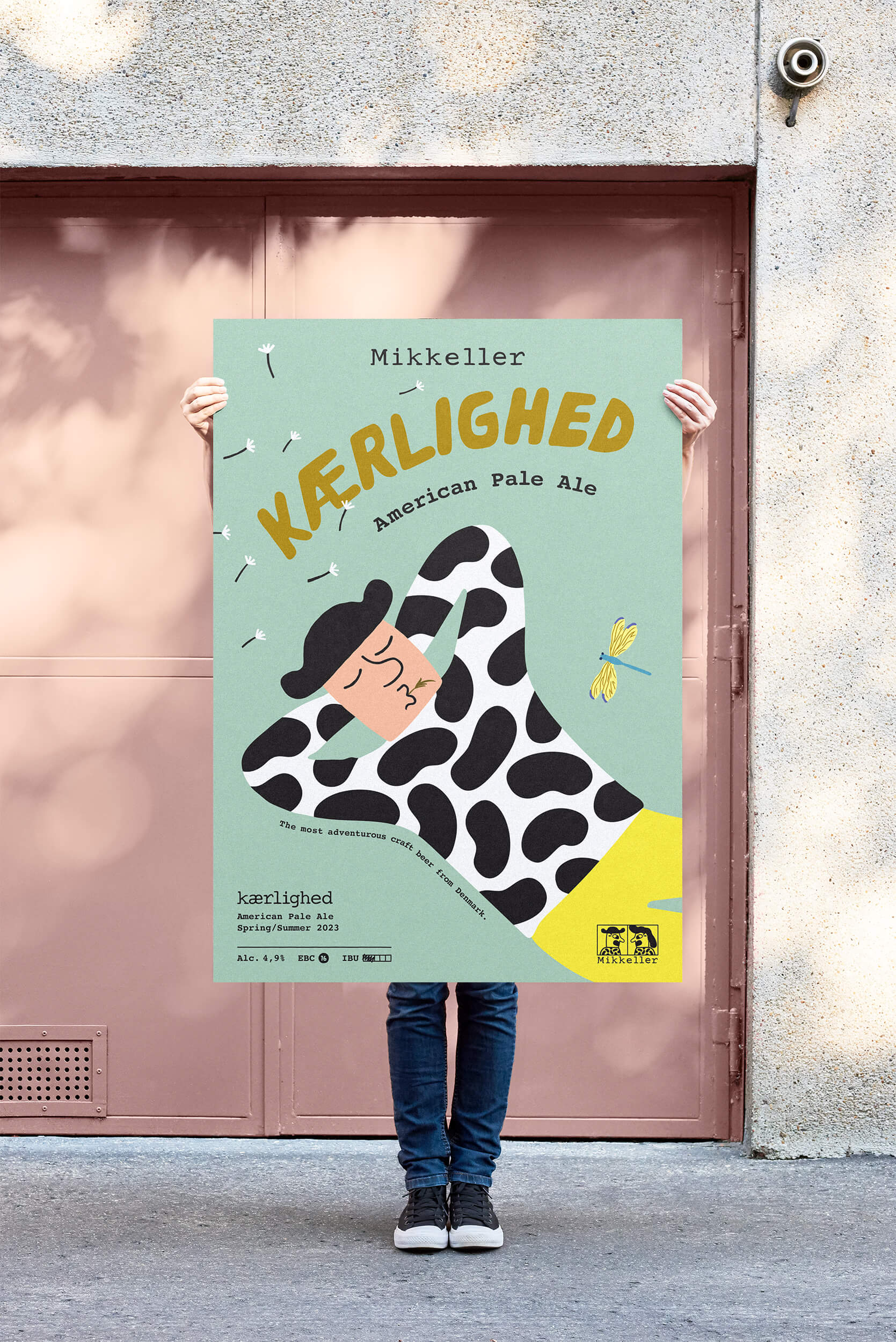 Campaign poster for Mikkeller Kærlighed Pale Ale featuring Henry in a cow-print shirt resting peacefully beside a dragonfly