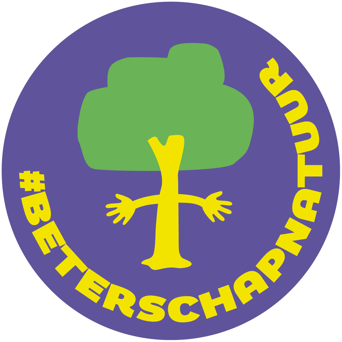 Purple badge with the #BeterschapNatuur hashtag and a green and yellow tree illustration