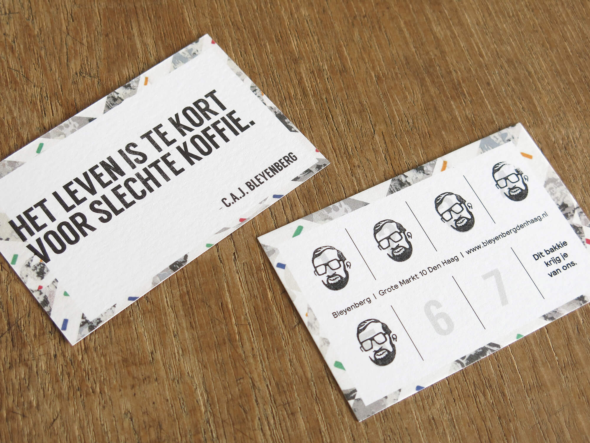 Bleyenberg loyalty card with a quote on one side and logo stamps on the other