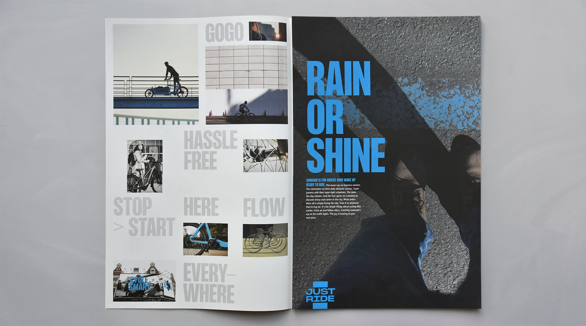 Shimano Just Ride mood-board spread combining urban cycling photography with the 'Rain or Shine' feature about riders who cycle whatever the weather