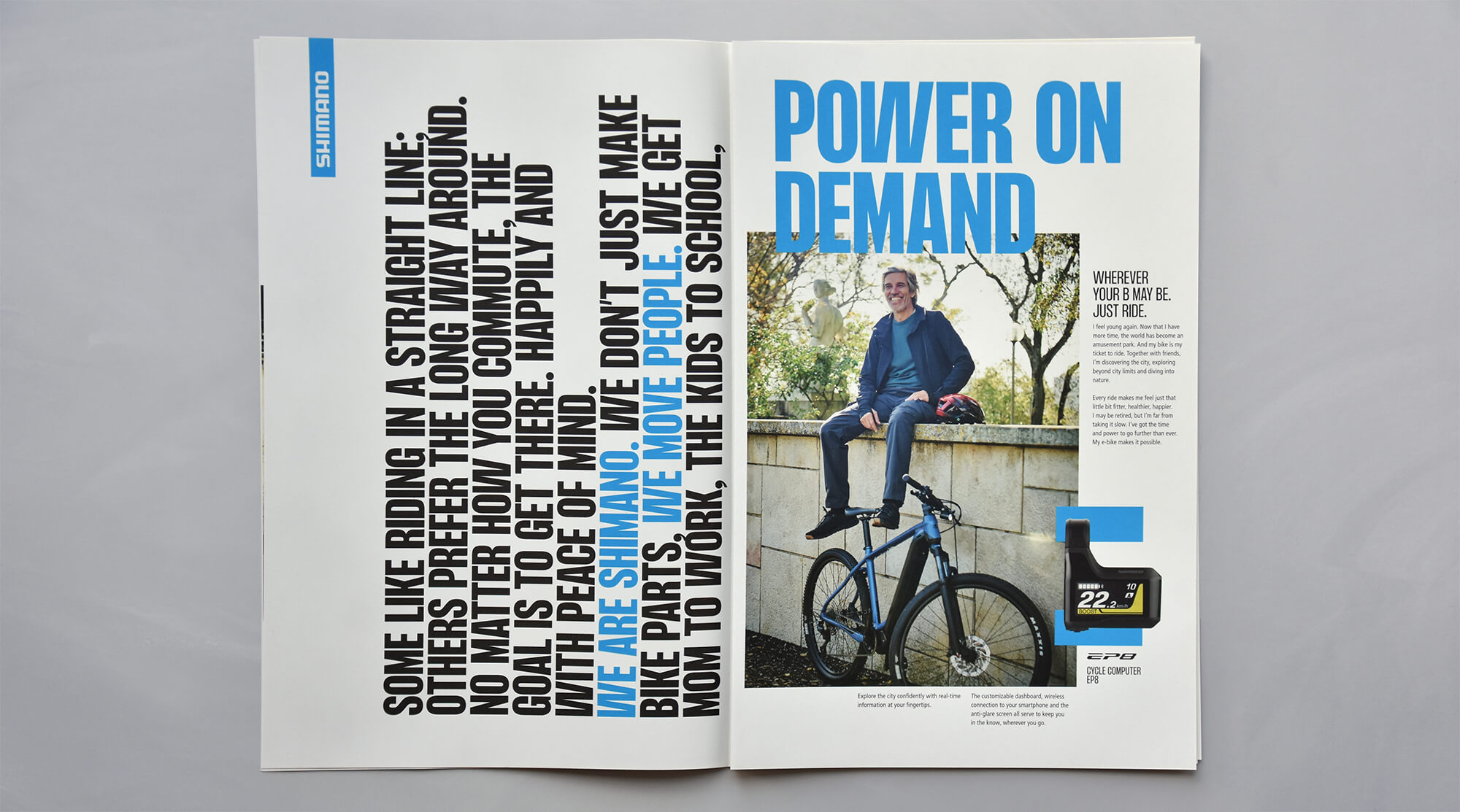 Shimano Just Ride spread featuring the 'Power on Demand' campaign with a retiree on an e-bike and the Shimano CYCLE COMPUTER EP8