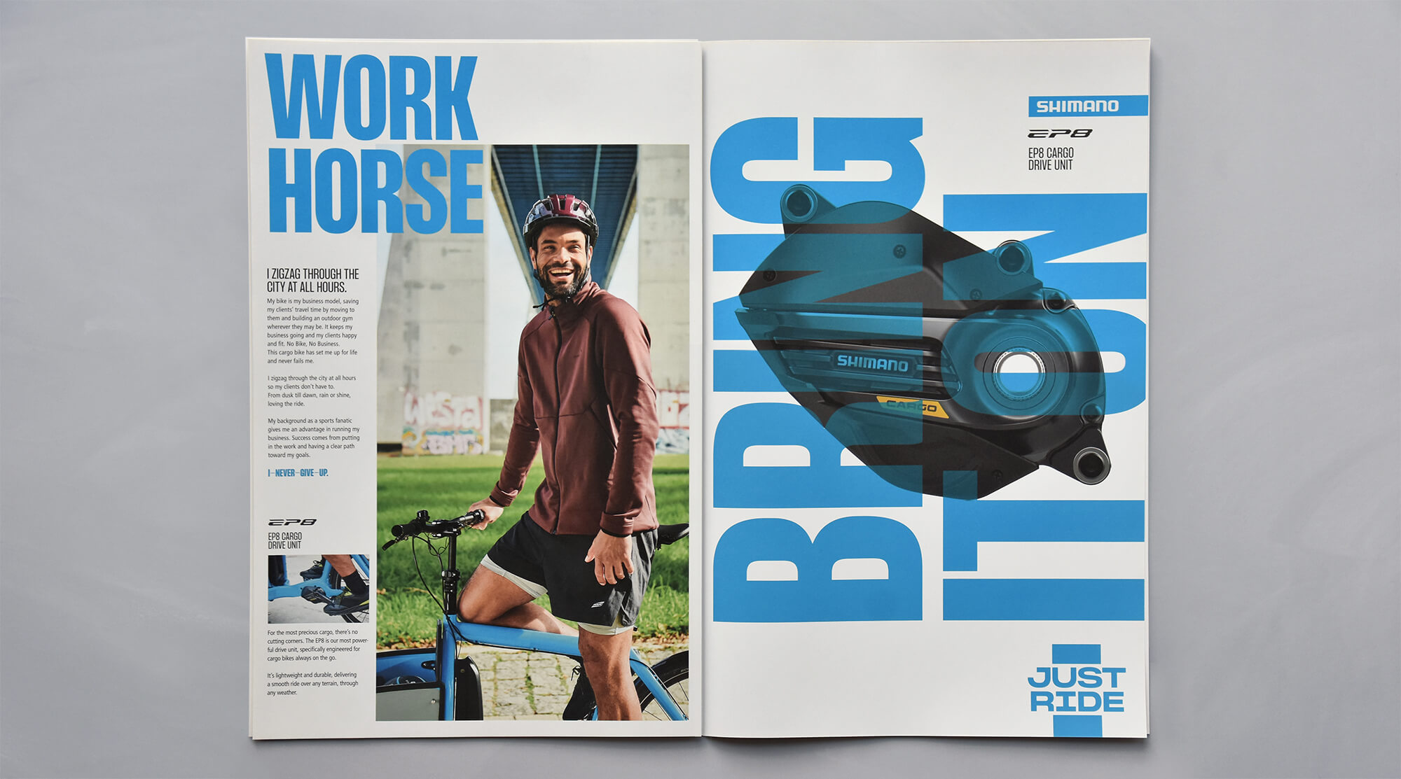 Shimano Just Ride 'Work Horse' spread combining a close-up of the EP8 CARGO DRIVE UNIT with a photo of a sportive man posing with his cargo bike