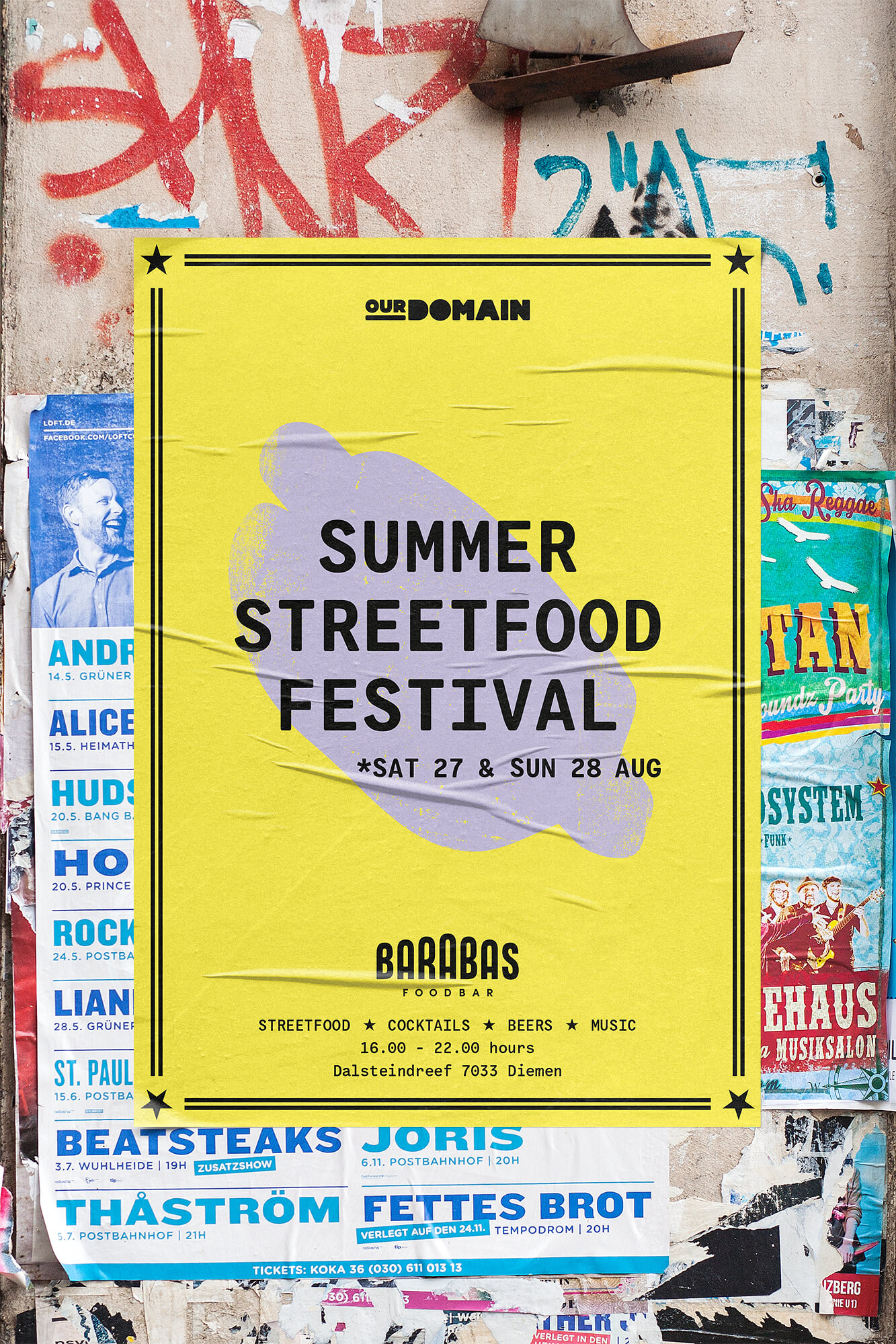 Yellow Foodbar Barabas street poster announcing the Summer Street Food Festival with logo and visitor details