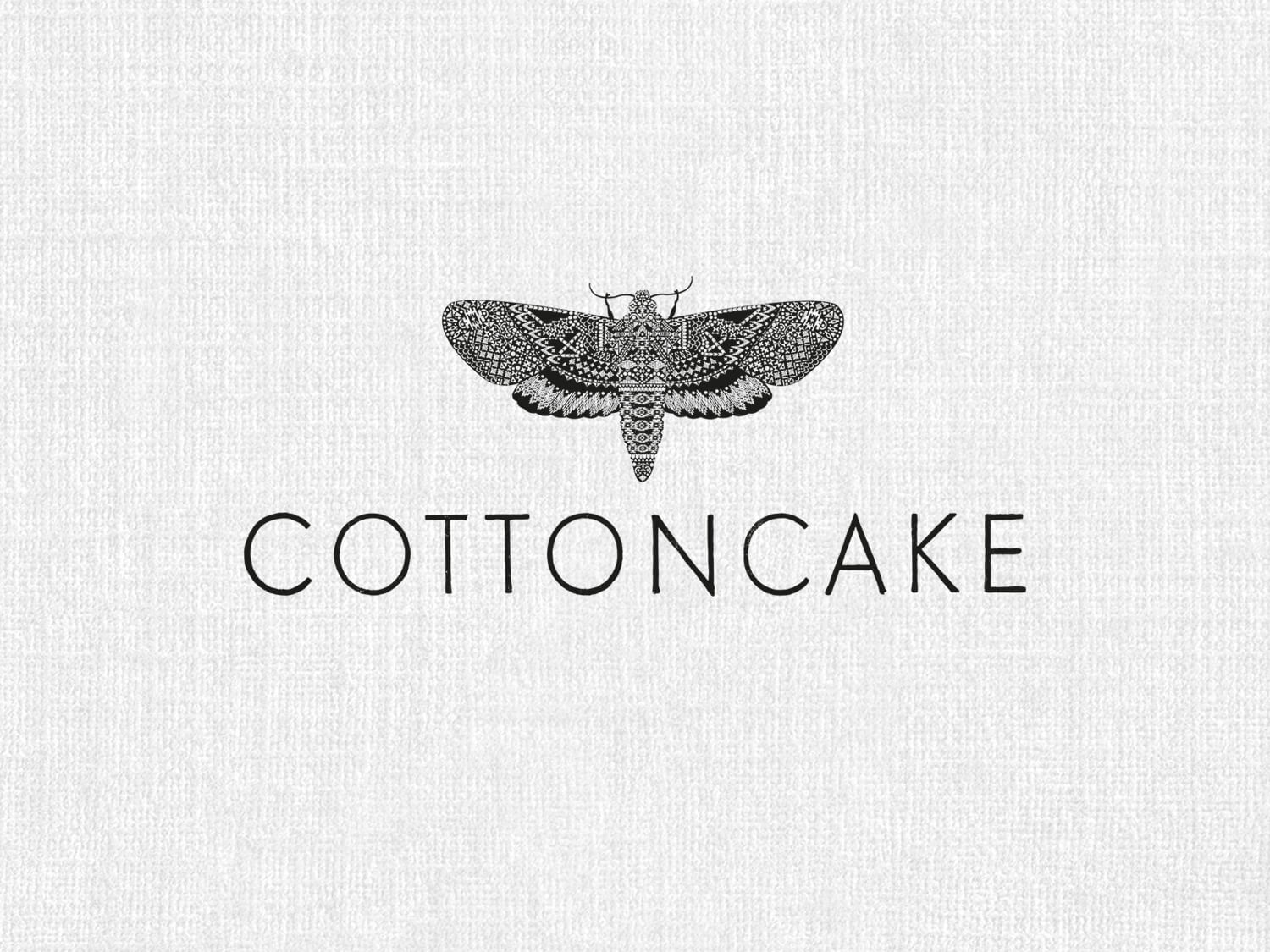 Brand Identity – COTTONCAKE | Amsterdam, screen-printed logo with a moth and geometric patterns on embossed linen paper